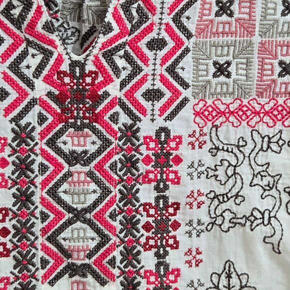 Johnny Was Biya Tunic Top Size S Festival Embroidered Boho Red/Brown Southwest - Picture 4 of 10
